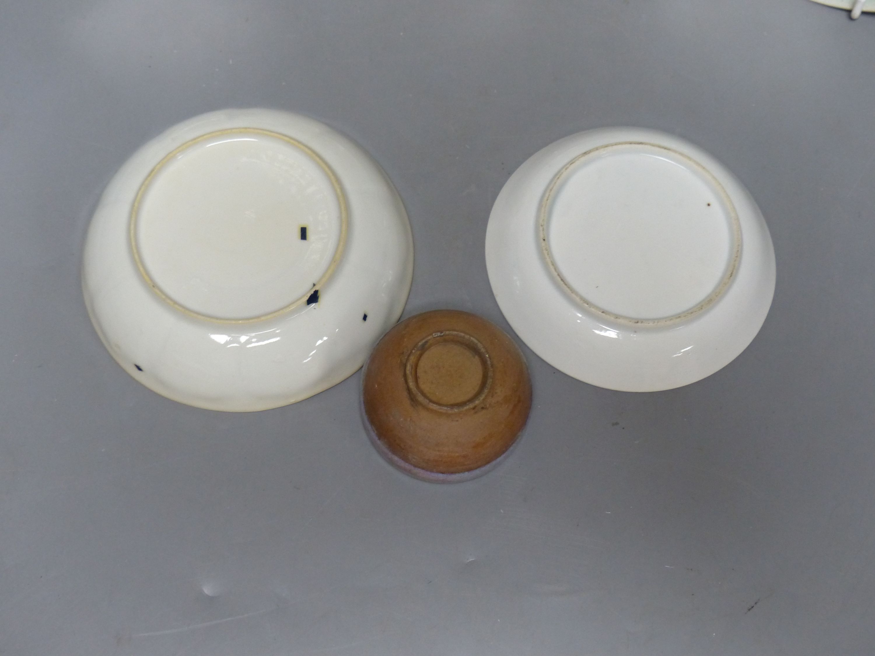 Chinese Imari pattern dishes, two others, a teapot, height 15cm, and a pottery bowl